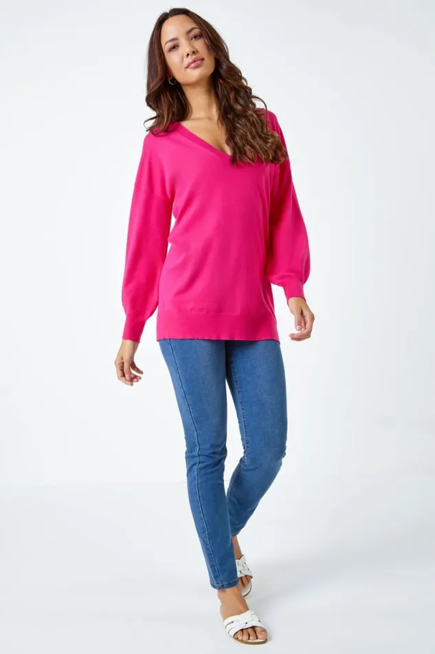 Fuchsia Plain Stretch VNeck Longline Jumper Women Roman Knitwear