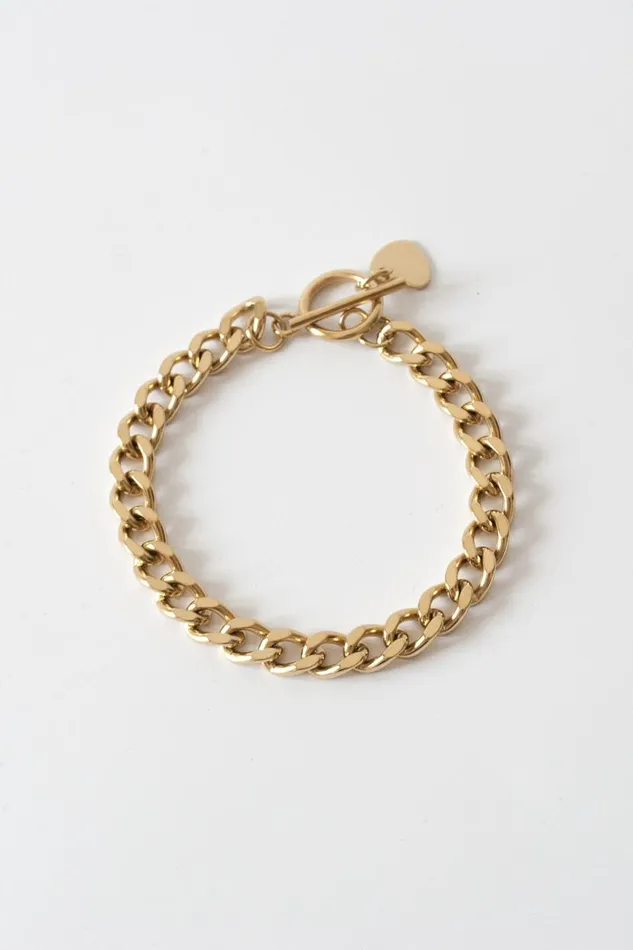 Gold Curb Chain Bracelet With Heart Pendant Women Roman Jewellery
