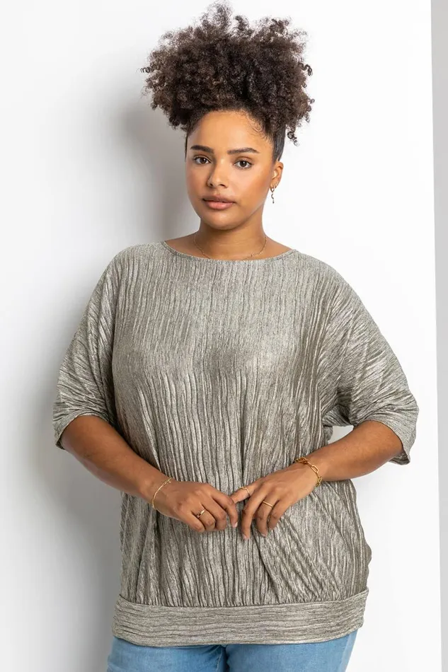 Gold Curve Shimmer Pleated Blouson Top Women Roman Tops