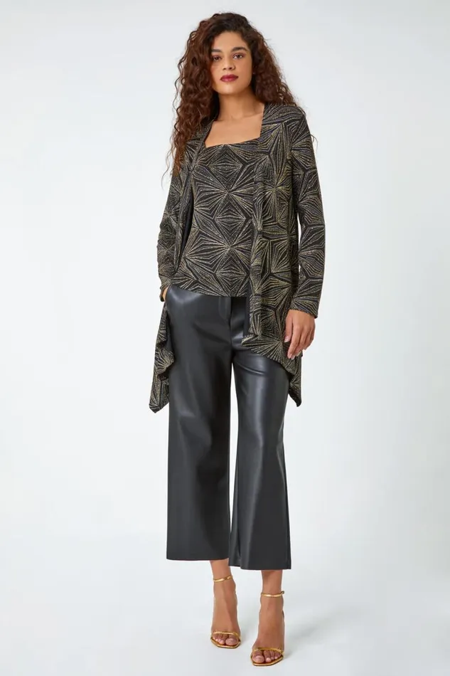 Gold Geometric Sparkle Embellished Kimono Women Roman Tops