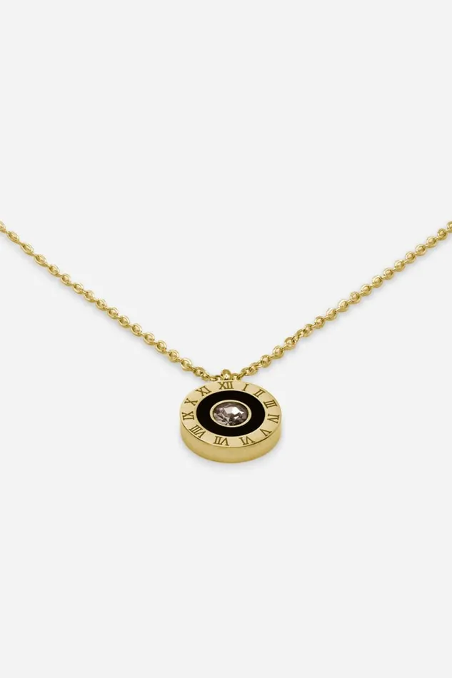 Gold Stainless Steel Diamante Clock Pendant Women Roman Jewellery