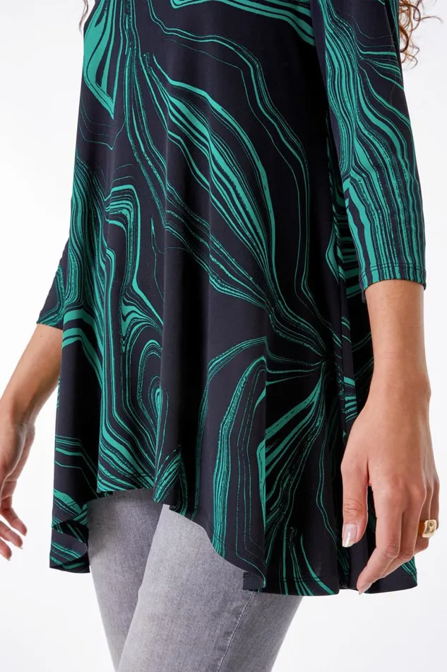 Green Abstract Print Swing Stretch Top Women Roman Tops