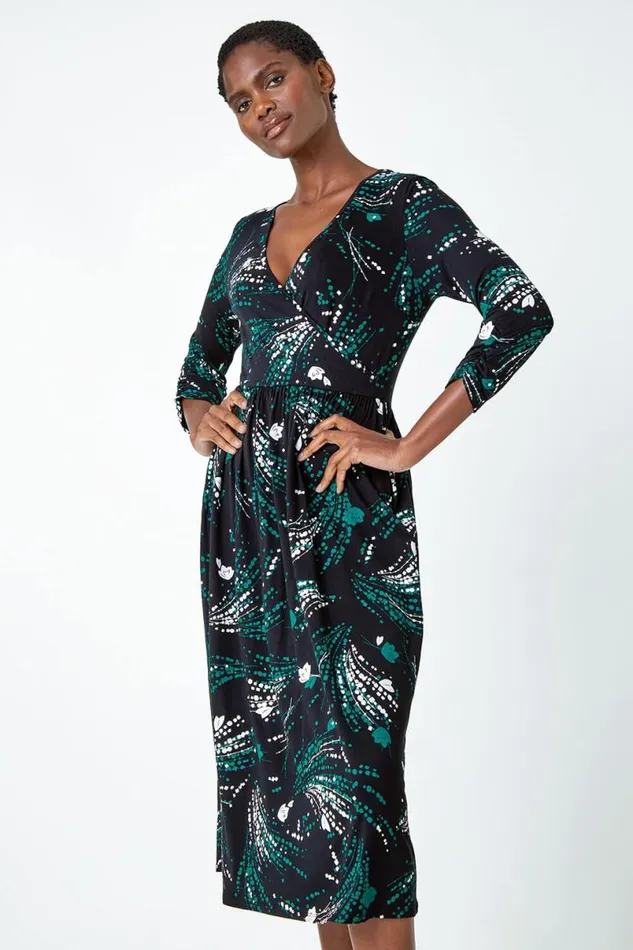 Green Abstract Print Wrap Midi Stretch Dress Women Roman Dresses