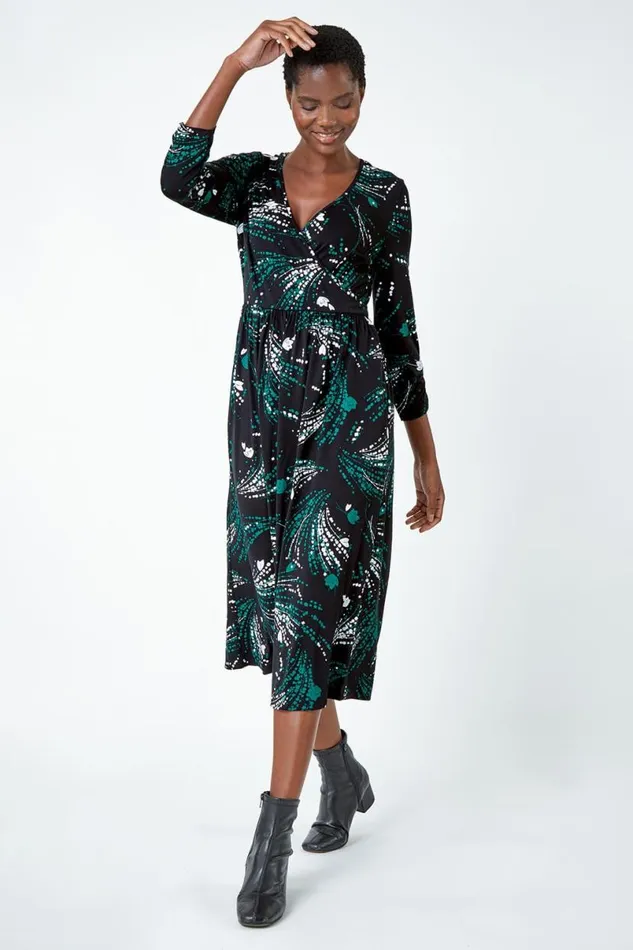 Green Abstract Print Wrap Midi Stretch Dress Women Roman Dresses