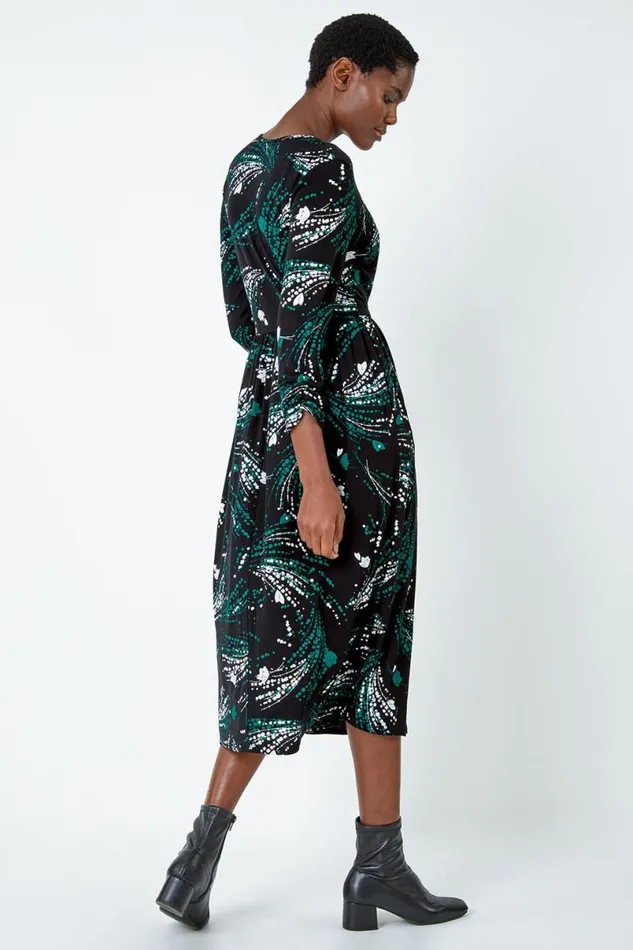 Green Abstract Print Wrap Midi Stretch Dress Women Roman Dresses