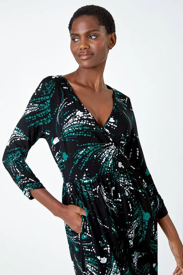 Green Abstract Print Wrap Midi Stretch Dress Women Roman Dresses