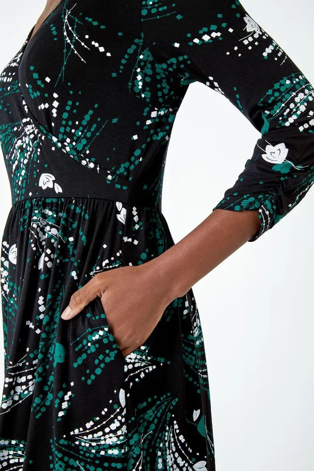 Green Abstract Print Wrap Midi Stretch Dress Women Roman Dresses