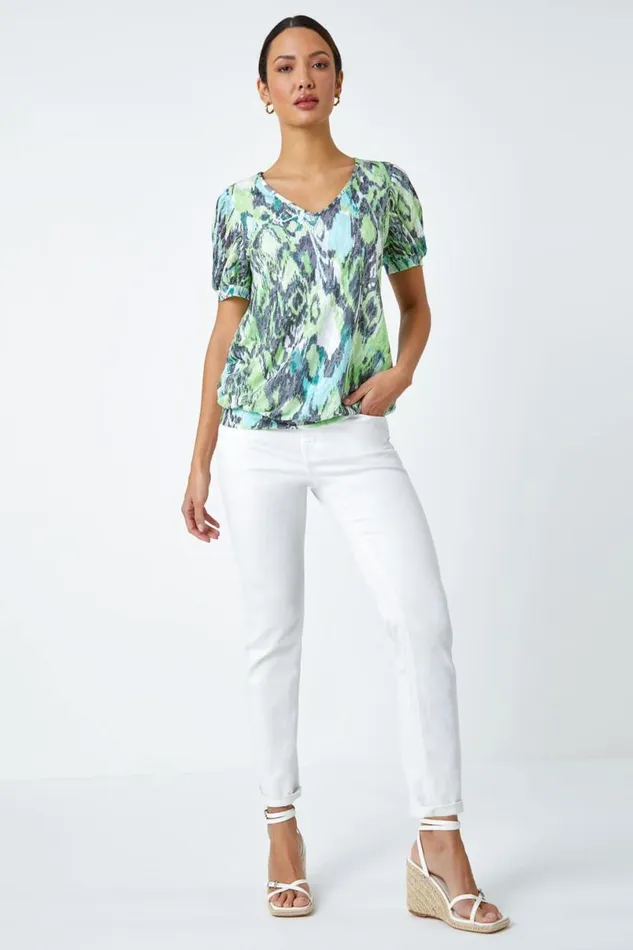 Green Animal Burnout Print VNeck Blouson Top Women Roman Tops