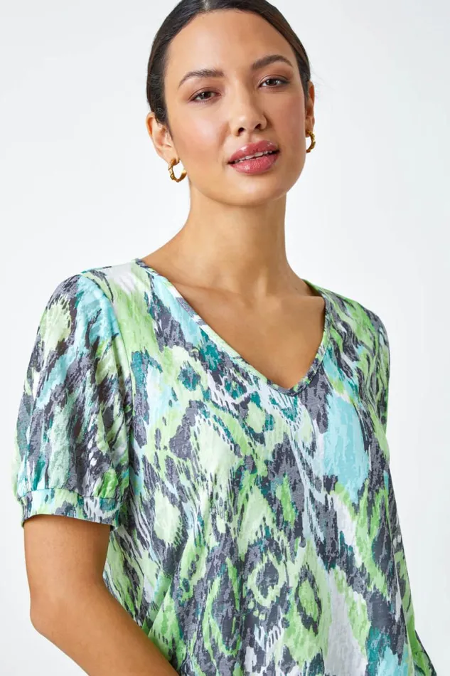 Green Animal Burnout Print VNeck Blouson Top Women Roman Tops