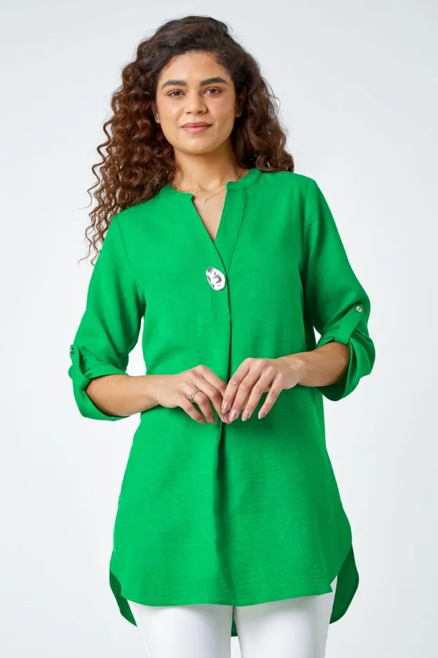 Green Button Detail VNeck Longline Tunic Blouse Women Roman Tops