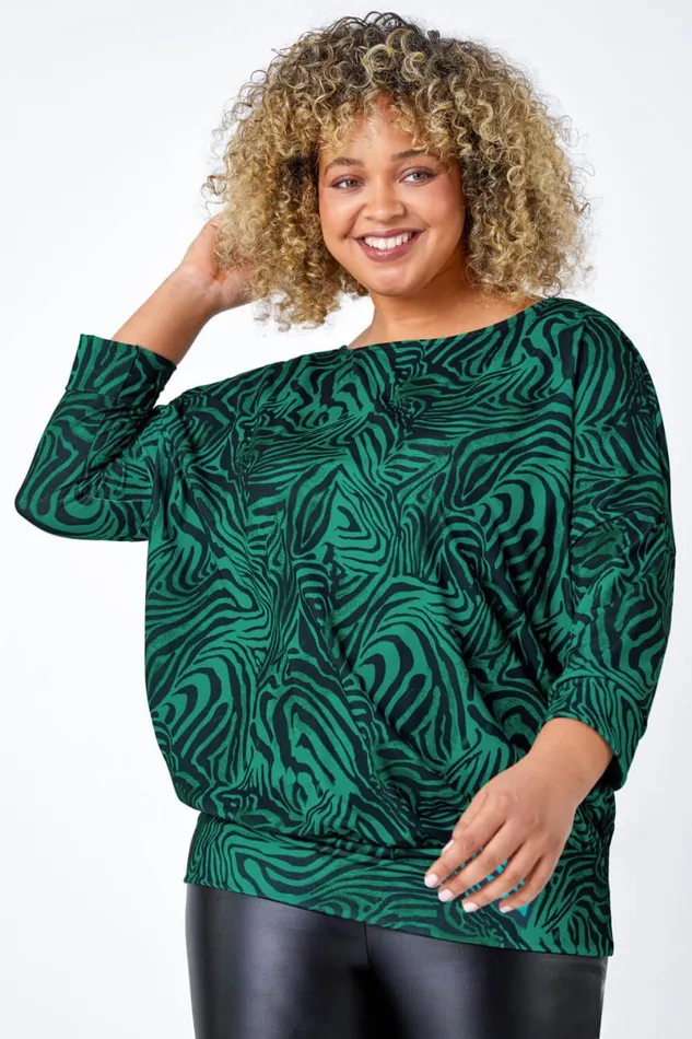 Green Curve Animal Print Blouson Stretch Top Women Roman Tops