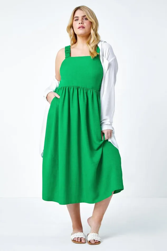 Green Curve Linen Look Ruched Midi Dress Women Roman Dresses