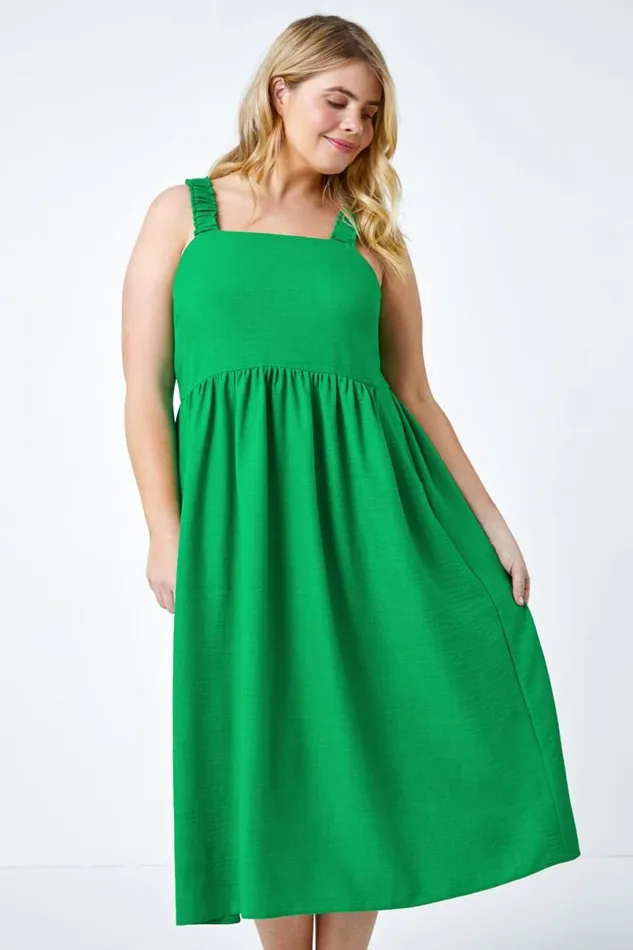 Green Curve Linen Look Ruched Midi Dress Women Roman Dresses