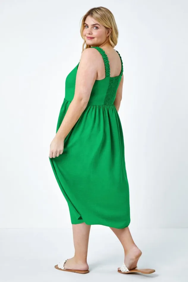 Green Curve Linen Look Ruched Midi Dress Women Roman Dresses