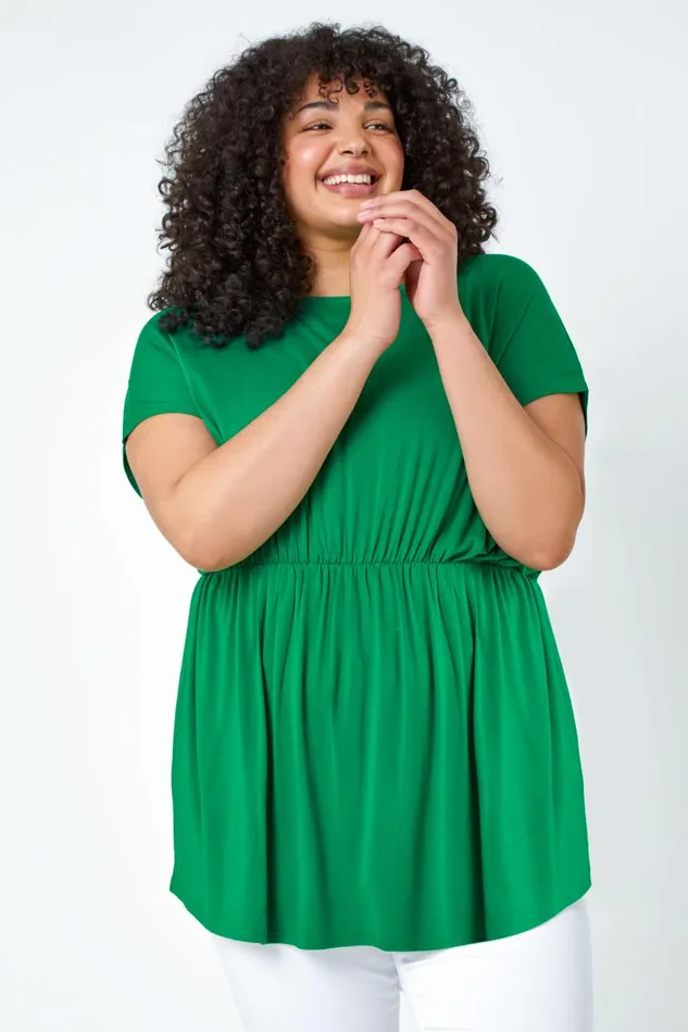 Green Curve Shirred Waist Tunic Top Women Roman Tops