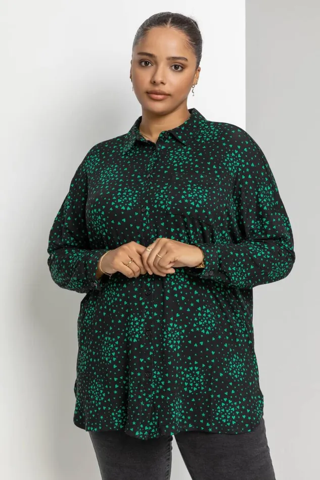 Green Curve Star Heart Print Oversized Shirt Women Roman Tops