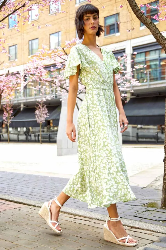 Green Floral Print Shirred Waist Midi Dress Women Roman Dresses