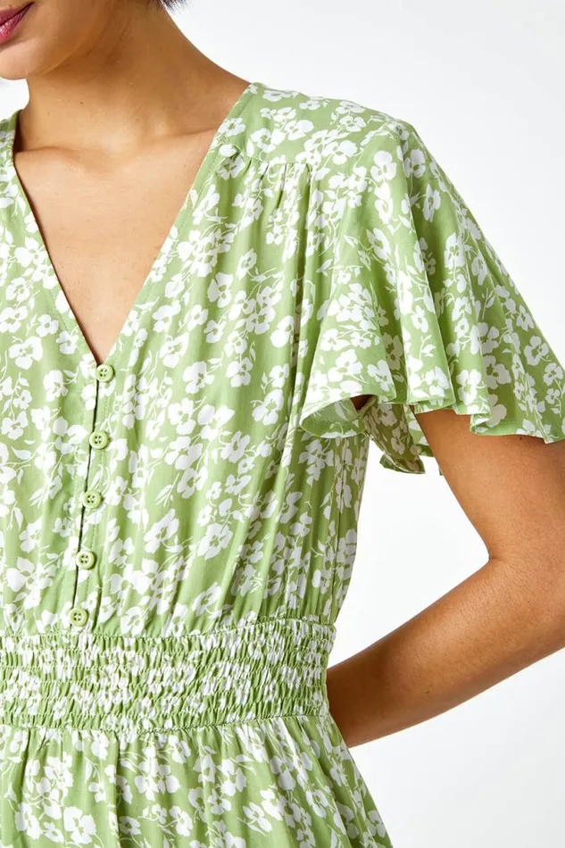 Green Floral Print Shirred Waist Midi Dress Women Roman Dresses