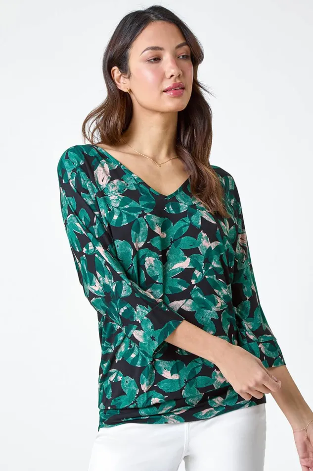 Green Floral Print VNeck Blouson Stretch Top Women Roman Tops