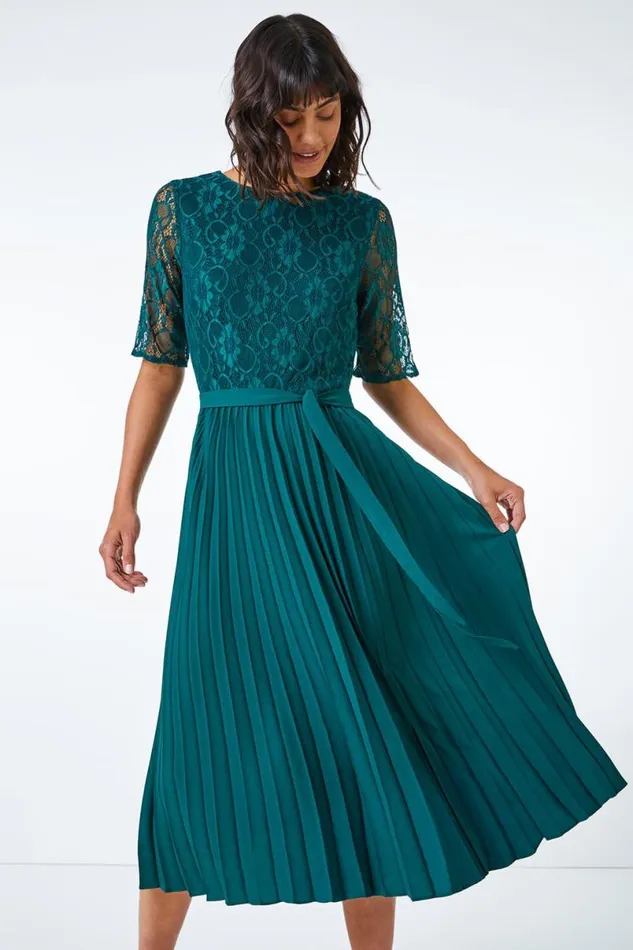 Green Lace Pleated Midi Dress Women Roman Dresses