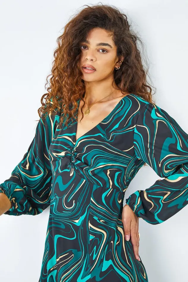 Green Marble Print Midi Dress Women Roman Dresses