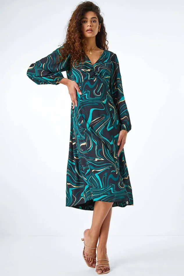 Green Marble Print Midi Dress Women Roman Dresses