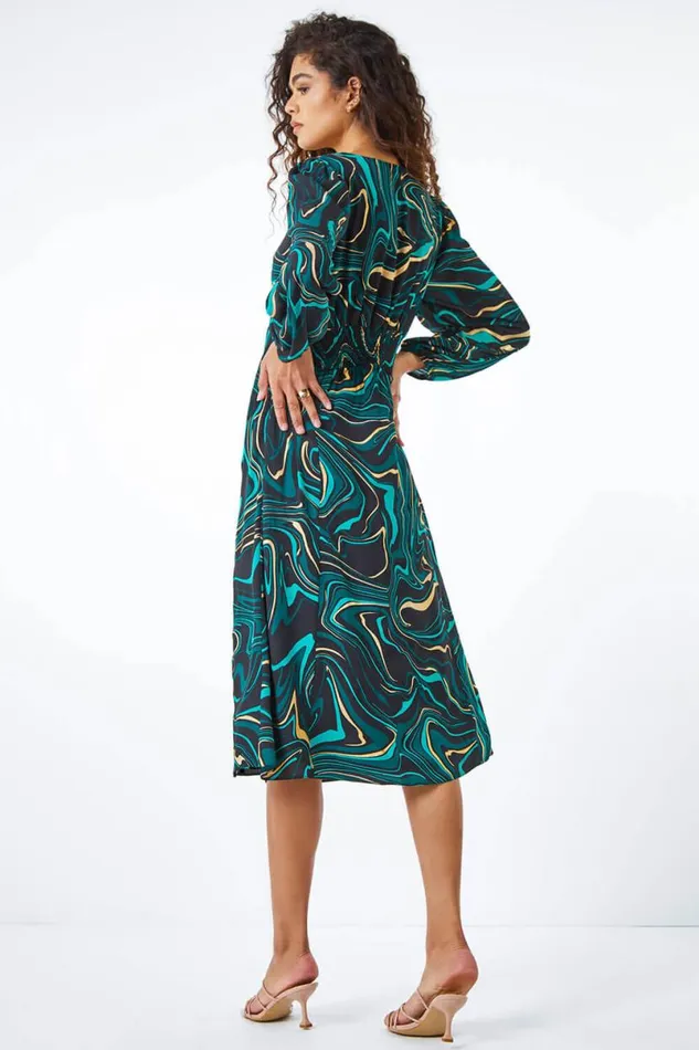 Green Marble Print Midi Dress Women Roman Dresses