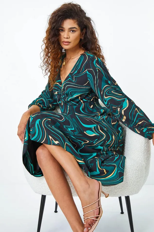 Green Marble Print Midi Dress Women Roman Dresses