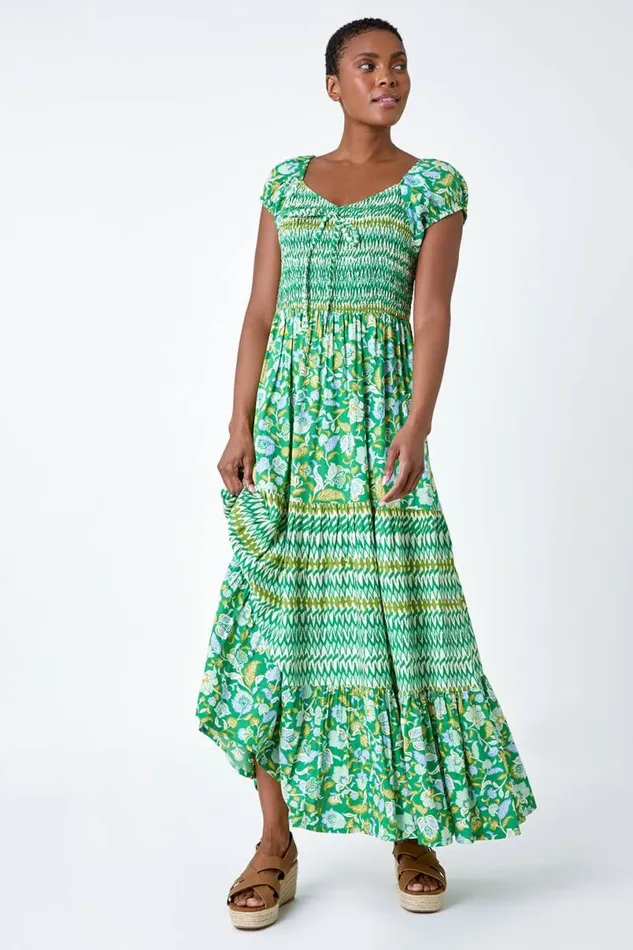 Green Mixed Print Shirred Midi Dress Women Roman Dresses