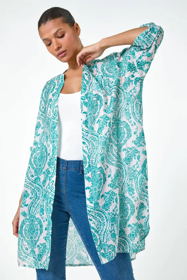 Green Paisley Print Longline Blouse Women Roman Tops
