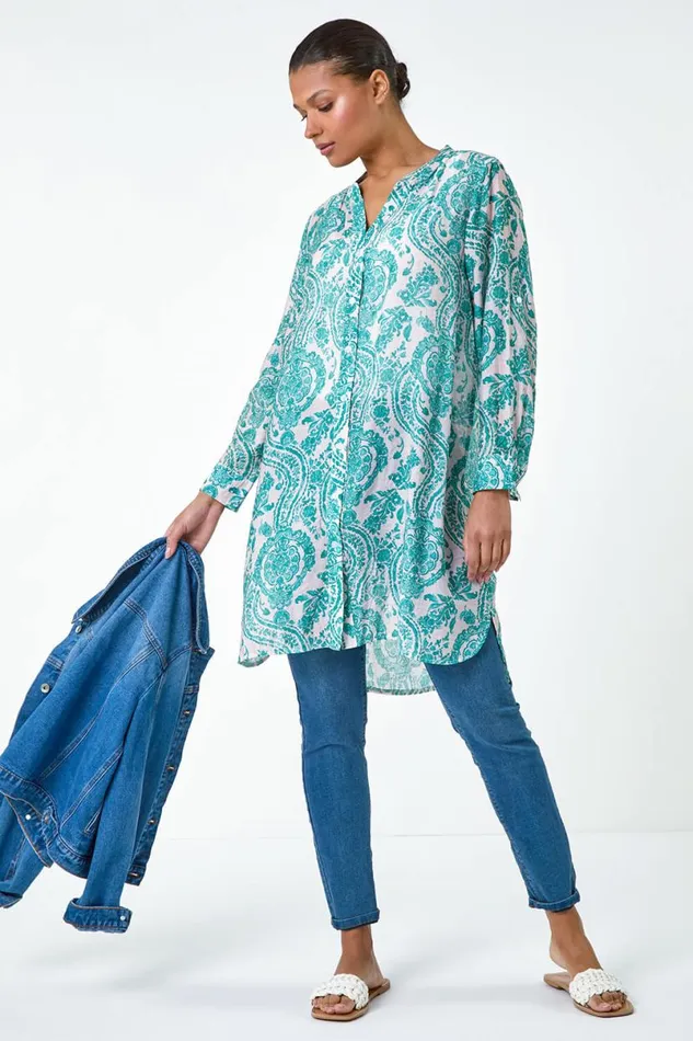Green Paisley Print Longline Blouse Women Roman Tops