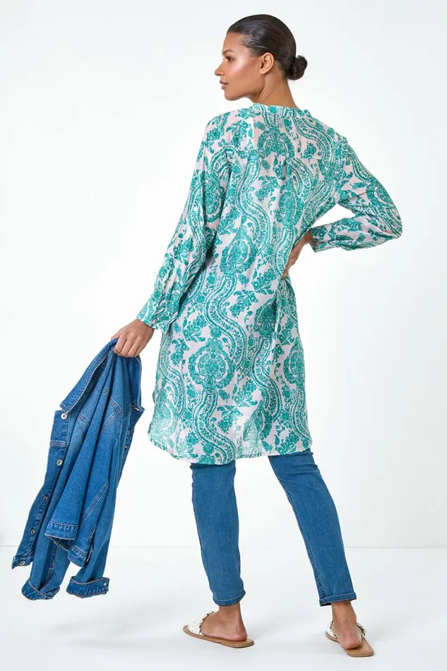 Green Paisley Print Longline Blouse Women Roman Tops