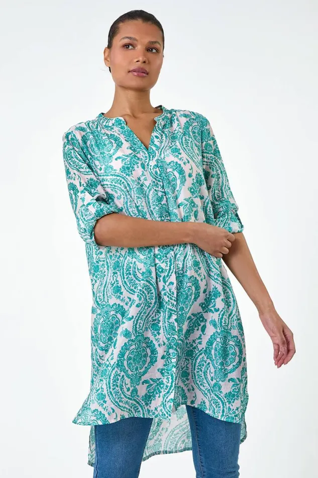 Green Paisley Print Longline Blouse Women Roman Tops
