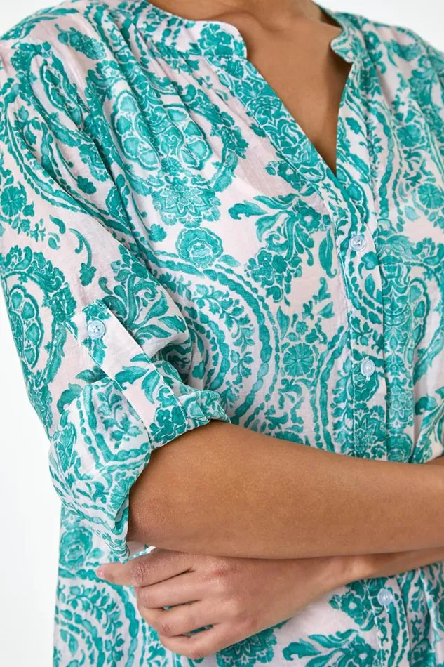 Green Paisley Print Longline Blouse Women Roman Tops