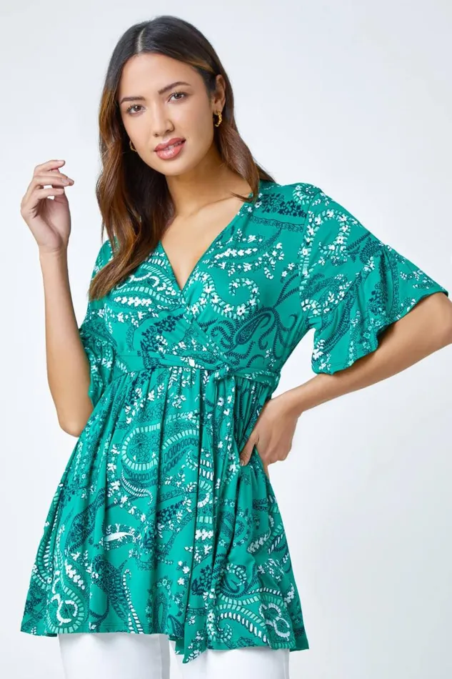 Green Paisley Print Stretch Jersey VNeck Wrap Top Women Roman Tops