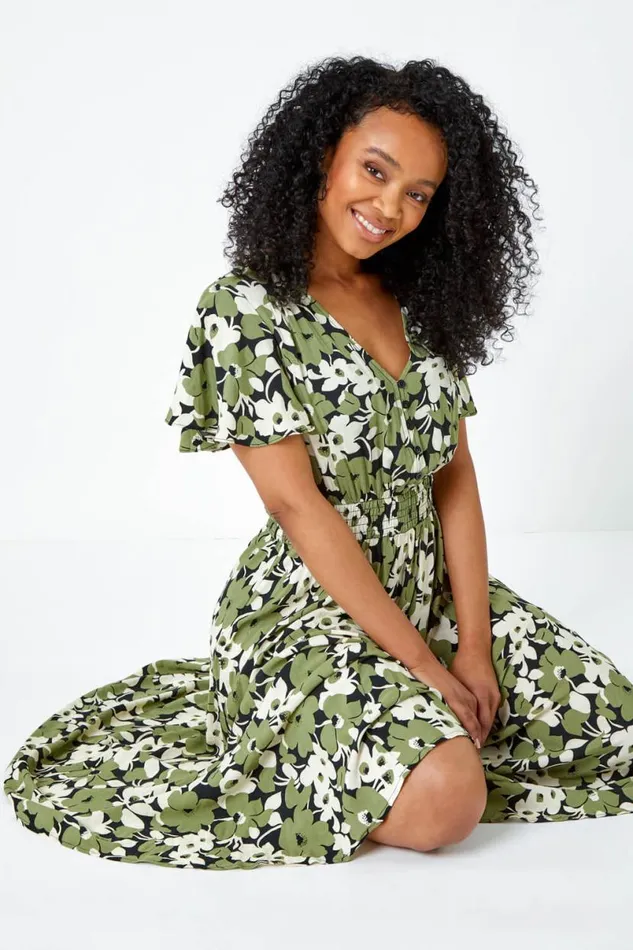 Green Petite Floral Print Shirred Midi Dress Women Roman Dresses