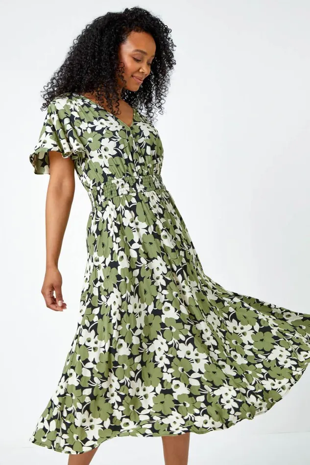 Green Petite Floral Print Shirred Midi Dress Women Roman Dresses