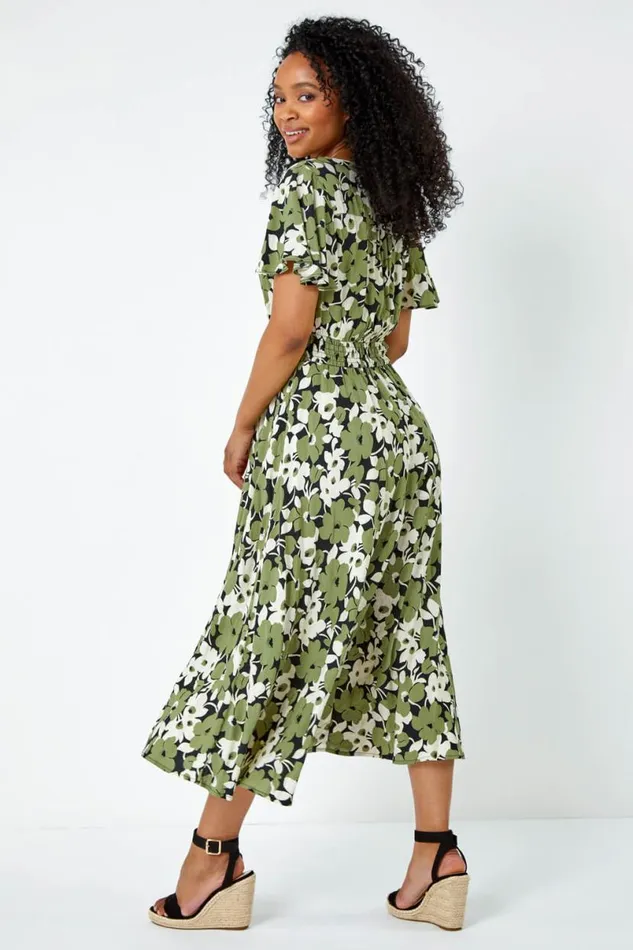 Green Petite Floral Print Shirred Midi Dress Women Roman Dresses