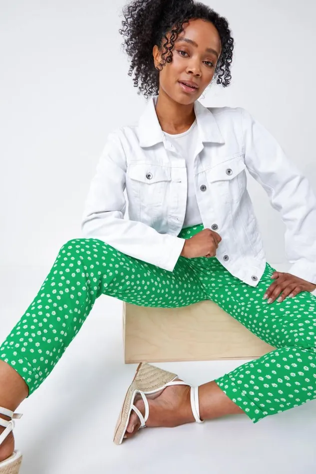 Green Petite Floral Tapered Elastic Waist Trouser Women Roman Trousers