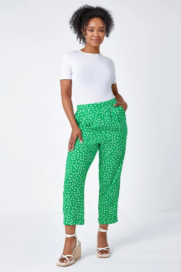 Green Petite Floral Tapered Elastic Waist Trouser Women Roman Trousers