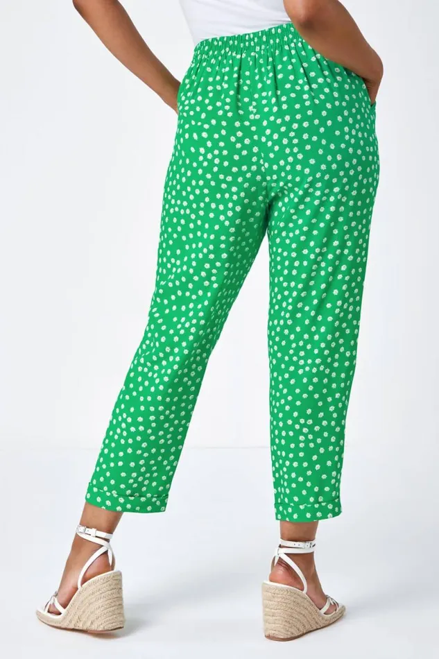 Green Petite Floral Tapered Elastic Waist Trouser Women Roman Trousers