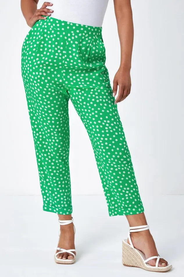 Green Petite Floral Tapered Elastic Waist Trouser Women Roman Trousers