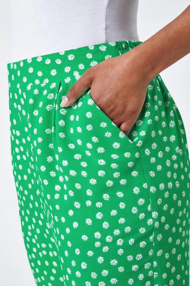 Green Petite Floral Tapered Elastic Waist Trouser Women Roman Trousers