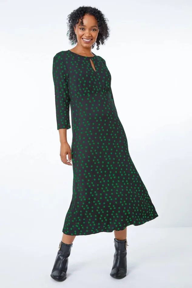 Green Petite Spot Print Keyhole Midi Dress Women Roman Dresses