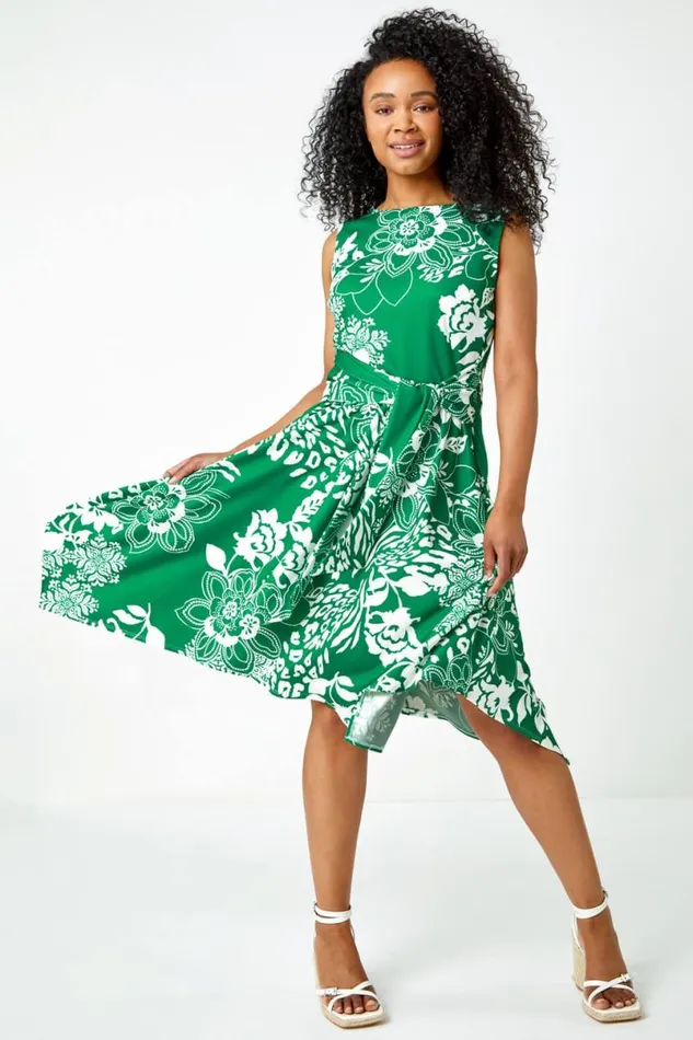 Green Petite Tie Waist Floral Stretch Dress Women Roman Dresses