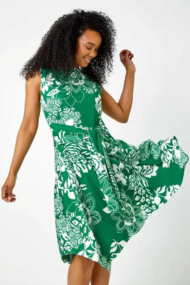 Green Petite Tie Waist Floral Stretch Dress Women Roman Dresses