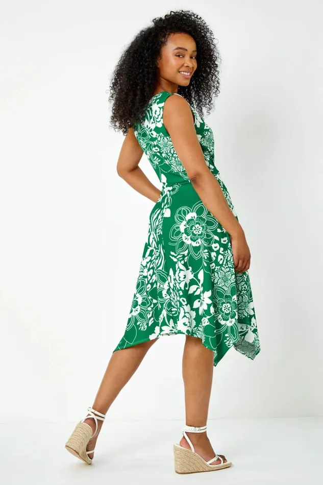 Green Petite Tie Waist Floral Stretch Dress Women Roman Dresses