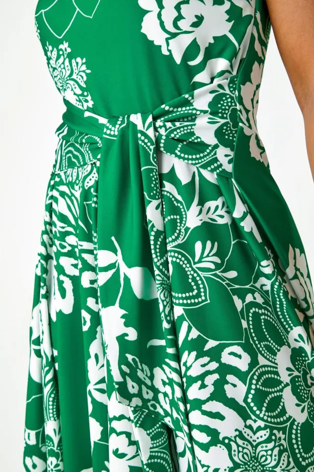 Green Petite Tie Waist Floral Stretch Dress Women Roman Dresses