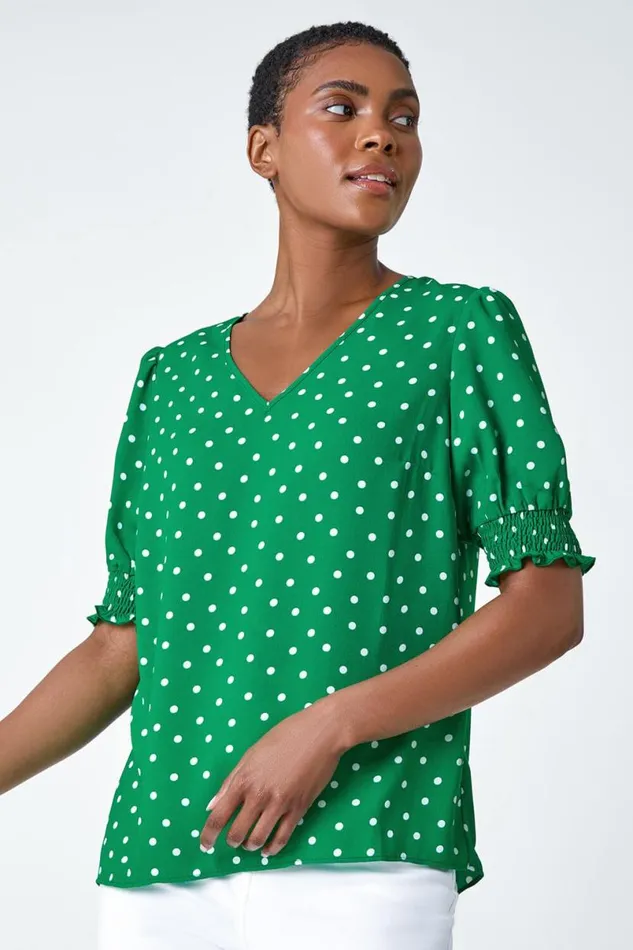 Green Polka Dot Shirred Top Women Roman Tops