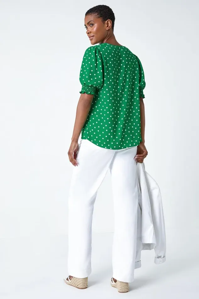 Green Polka Dot Shirred Top Women Roman Tops